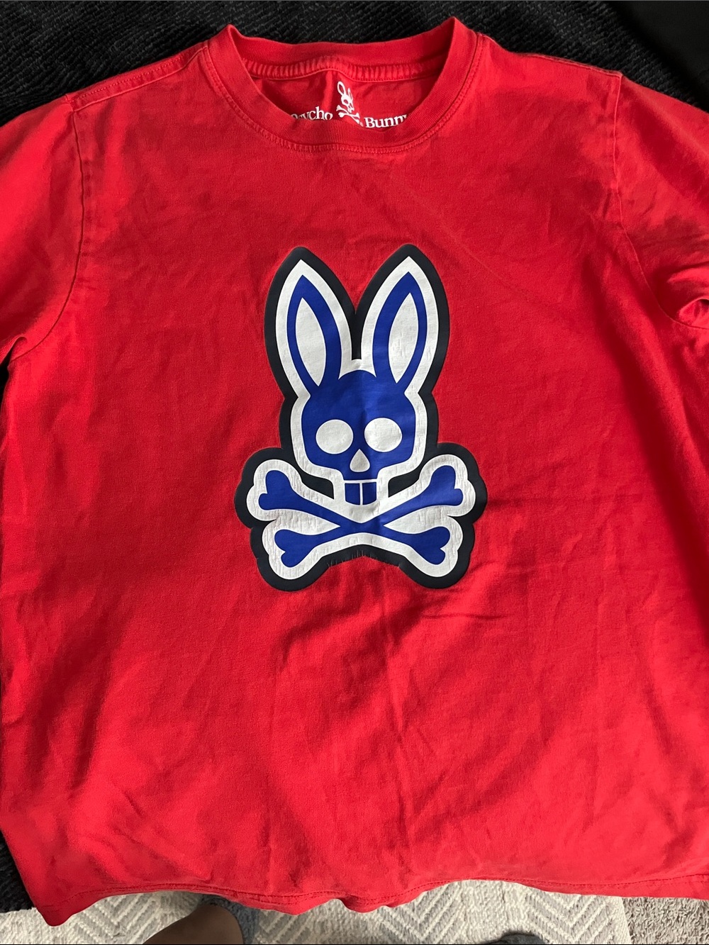 Psycho Bunny Red Long Sleeve Tee with Blue Bunny Skull